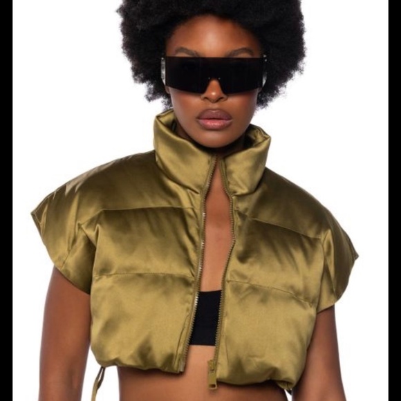 Olive Green Crop Puffer Vest - Picture 1 of 3